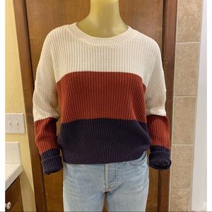 Rue21 cream, maroon and navy colorblock crewneck sweater. Size large.